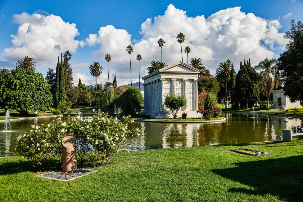 Hollywood Forever Cemetery landscape and palm trees