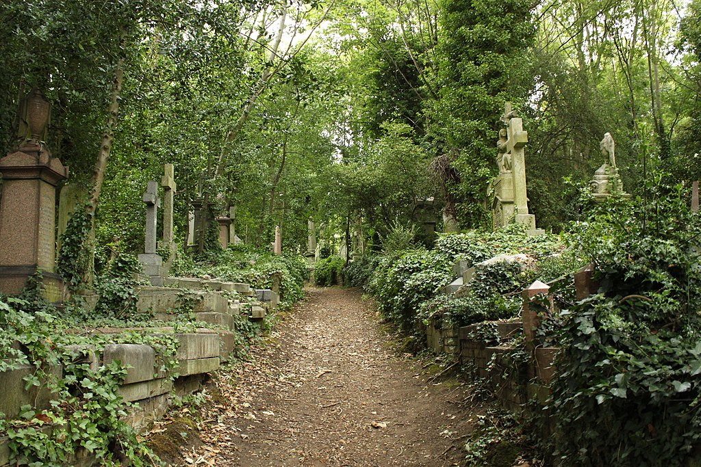 Highgate Cemetery in London with famous historic graves